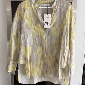 Zara women’s linen Yellow and Light Gray Watercolor-Effect Button-Down Shirt